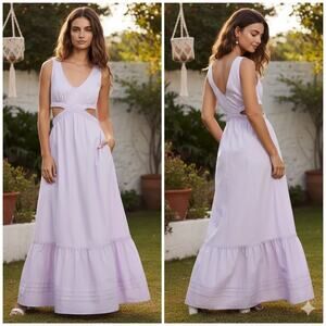 New Ramy Brook Alice Lilac Cotton V-Neck Cutout Sleeveless Maxi Dress Size 4